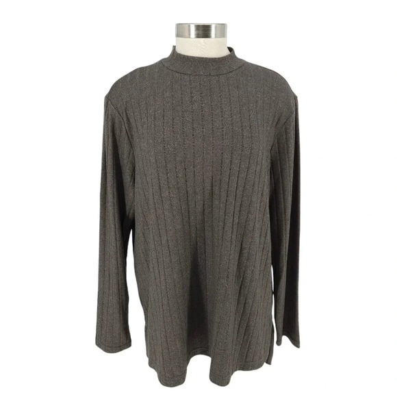 Matty M Shirt Pebble Brown Long Sleeve Mock Neck Rib Knit Tunic Top - Picture 1 of 6